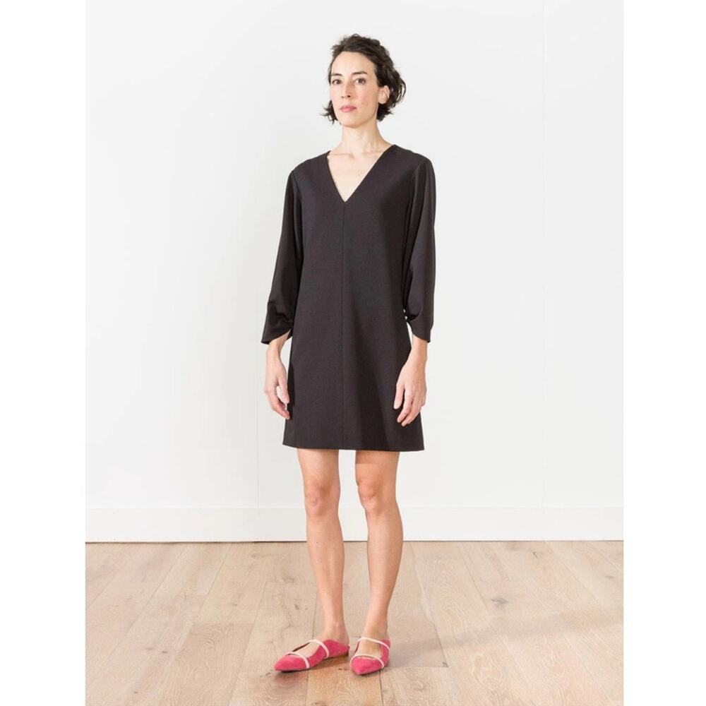 Tibi Black V Neck Shirred Sleeve Mini Dress Size 8 NWT Chic Minimalist